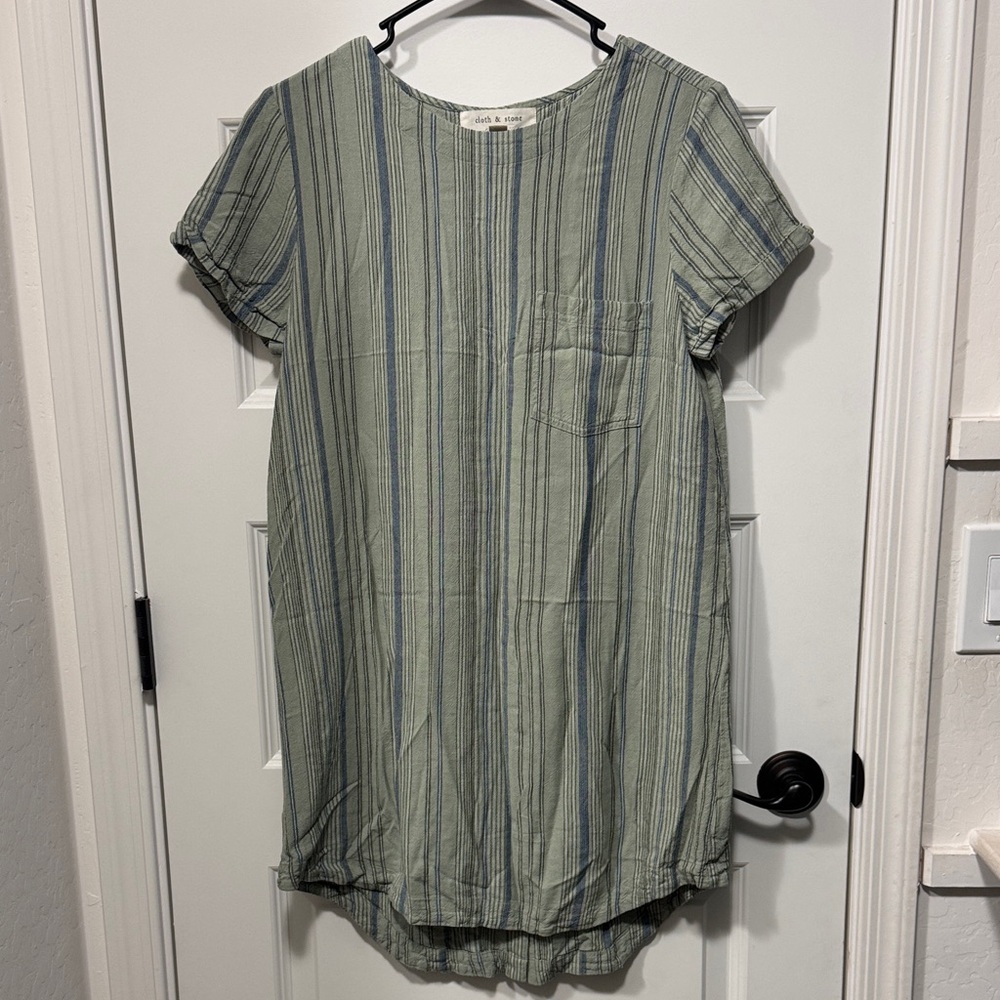 Cloth & Stone Anthropologie Linen Blend Striped Dress Green Blue Button Back S